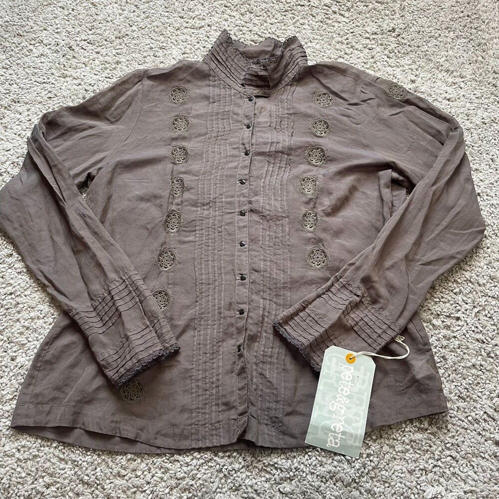Pete And Greta by Johnny Was High Neck Embroidered Blouse Gray NWT $220 Large